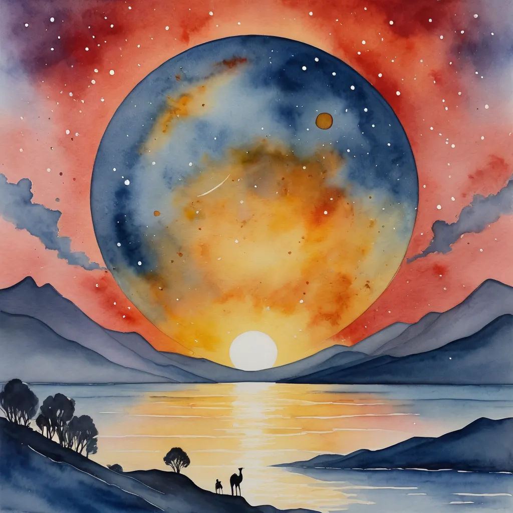 a painting of a sunset with a large moon in the sky and a few people on a hill near the water, space art, a watercolor painting, Adam Bruce Thomson, sun