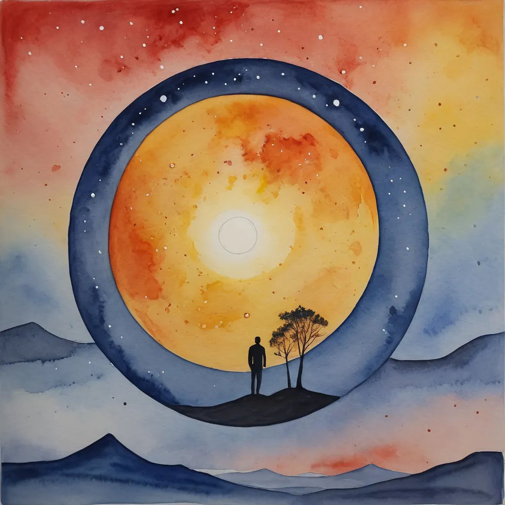 a painting of a man standing on a hill with a tree in the middle of the picture and a full moon in the background, metaphysical painting, a watercolor painting, Amanda Sage, watercolor