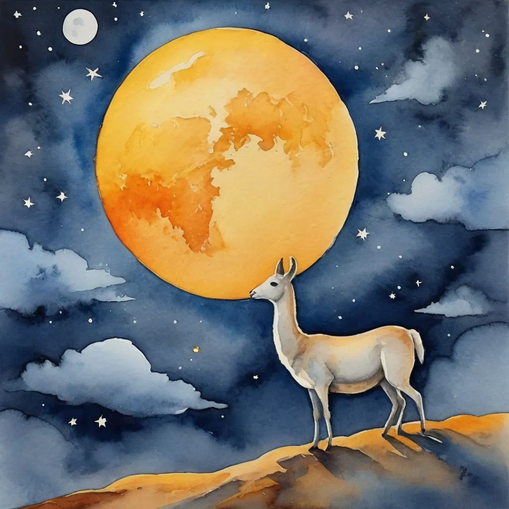 a painting of a deer standing on a hill with the moon in the background and stars in the sky, space art, a watercolor painting, Chris LaBrooy, llustration