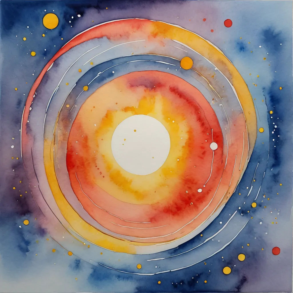 a painting of a circle with a lot of circles around it in the center of the circle is a white circle with yellow dots, space art, a watercolor painting, Claire Dalby, sun