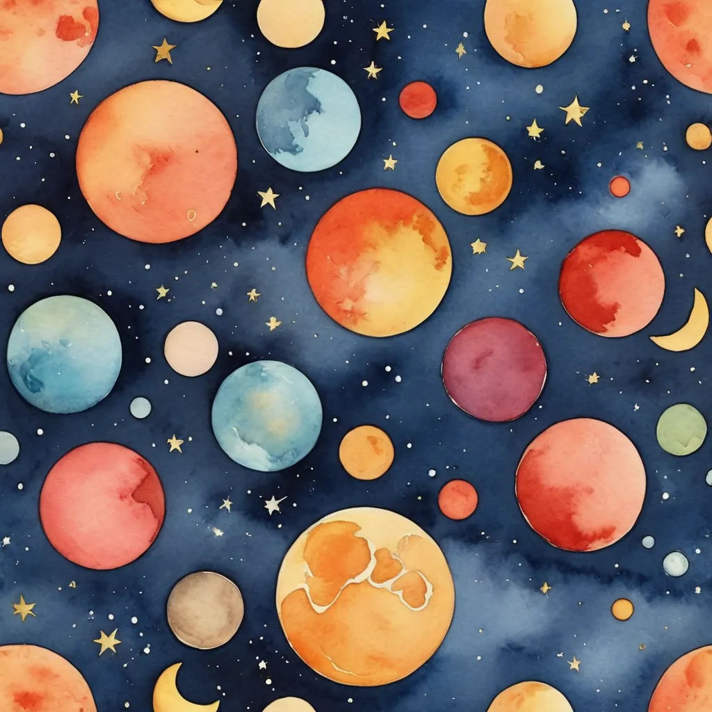 a painting of planets and stars in the sky with a blue background and a yellow and red one with a white symbol, space art, a watercolor painting, Annabel Kidston, space
