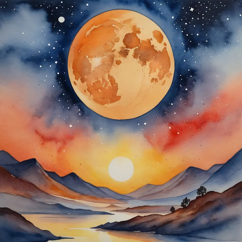 a painting of a full moon over a mountain range with a lake and trees in the foreground and a distant mountain range in the background, space art, a watercolor painting, David Boyd, sun
