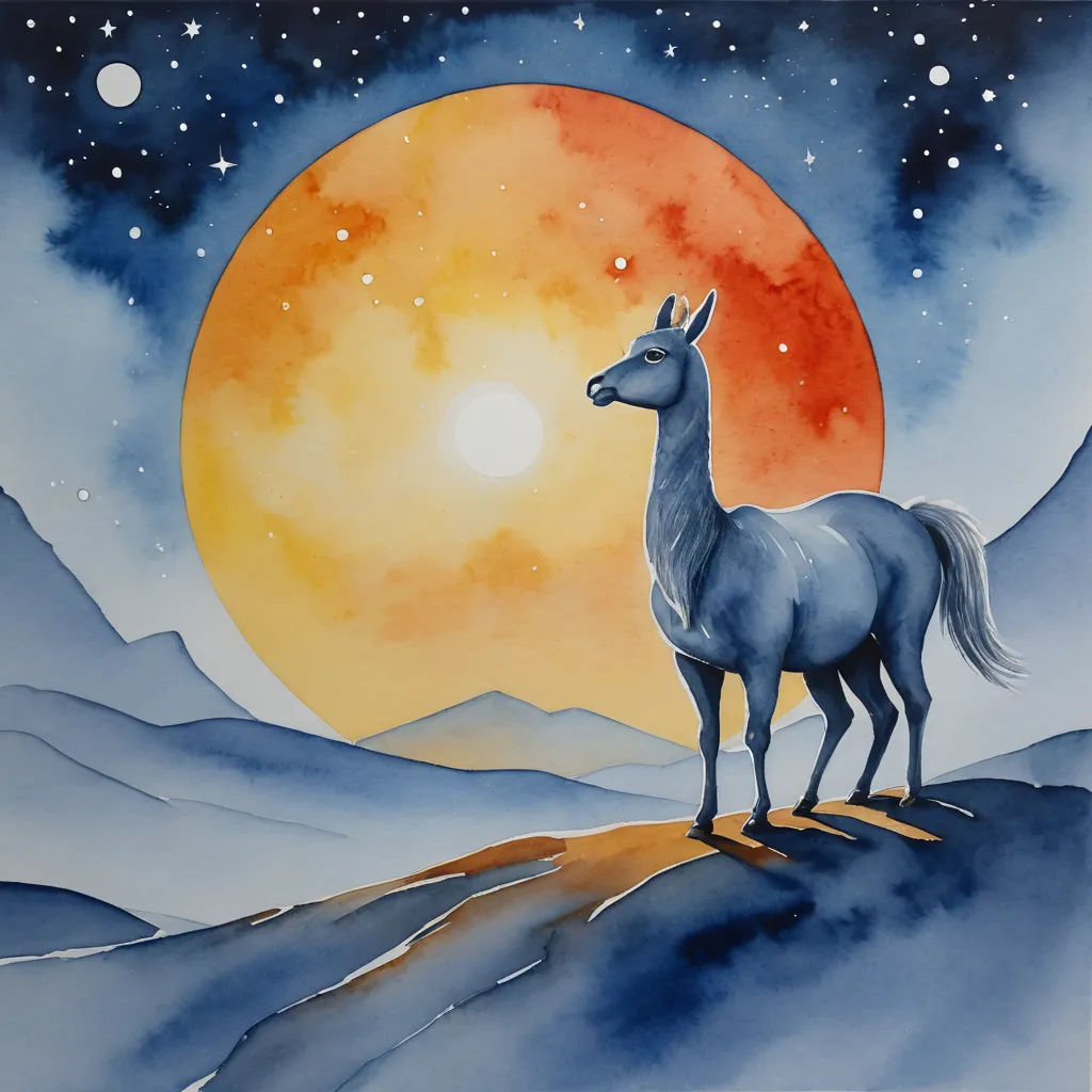 a painting of a white horse standing on a hill with a full moon in the background and stars in the sky, metaphysical painting, an airbrush painting, Claire Dalby, llustration