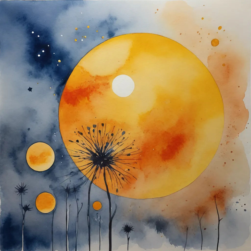 a painting of a yellow sun with a dandelion in the foreground and a blue sky with stars, modern european ink painting, a watercolor painting, Alison Kinnaird, sun