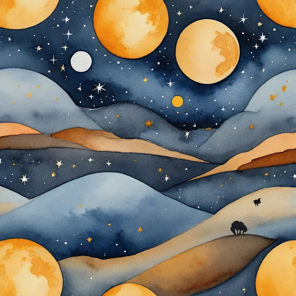 a painting of a night sky with stars and moon in the sky and a mountain with a hill with a house on it, space art, a watercolor painting, Amir Zand, night sky