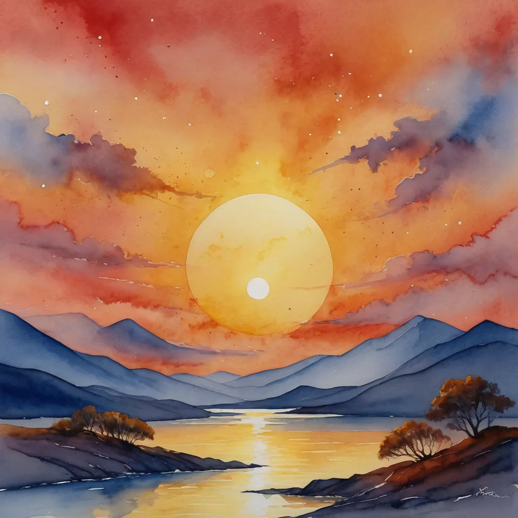 a painting of a sunset over a lake with mountains in the background and a red sky with clouds and stars, fantasy art, an airbrush painting, Adam Bruce Thomson, sun