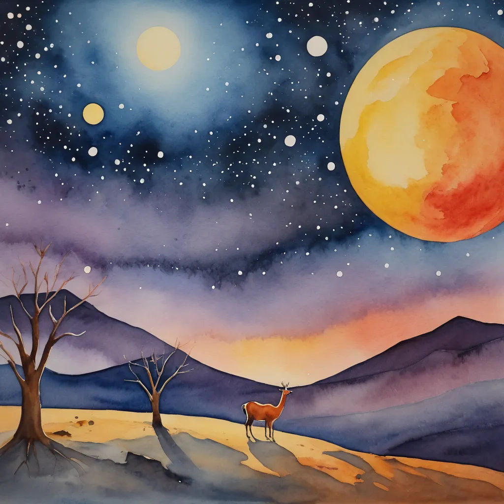 a painting of a deer in a desert with a full moon in the background and a tree in the foreground, space art, a watercolor painting, Chris LaBrooy, watercolor