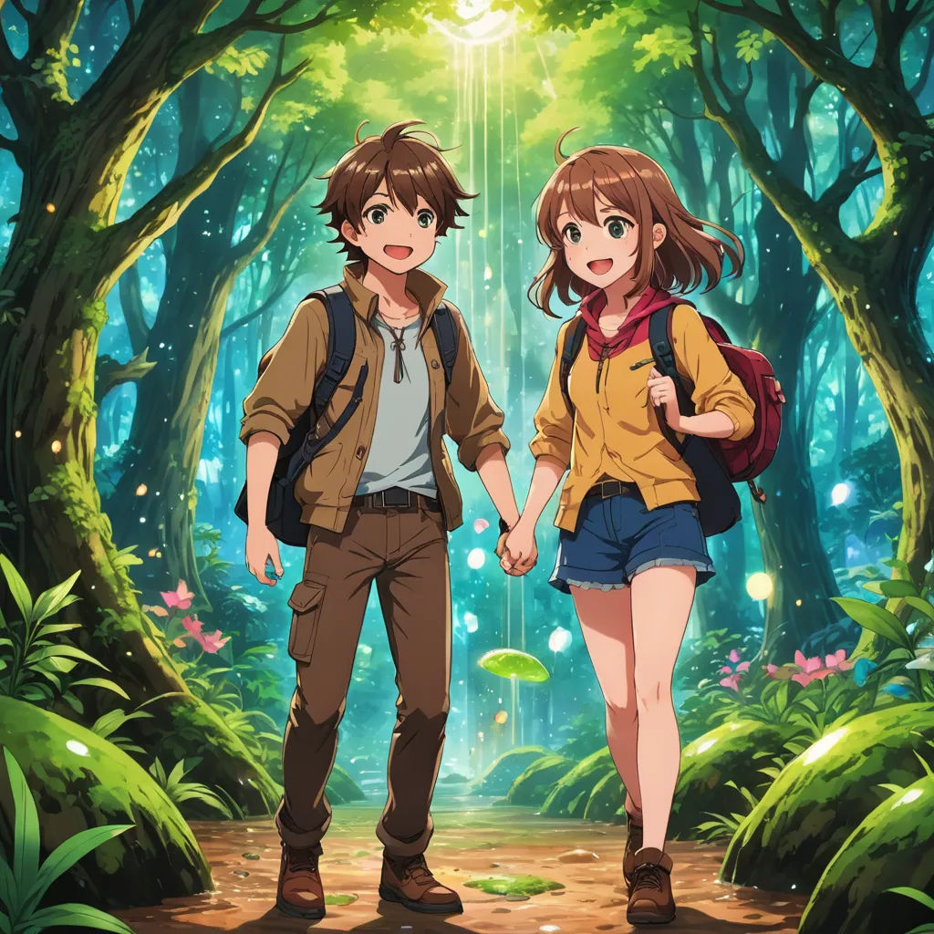 a couple of people walking through a forest holding hands and holding hands with each other, with a light shining in the background, rayonism, poster art, Eizan Kikukawa, official art