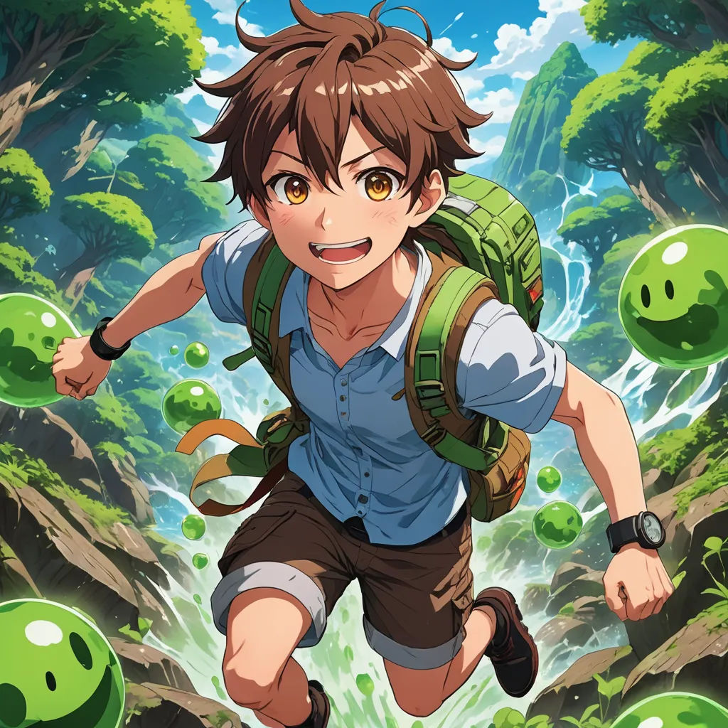 a boy with a backpack running through a forest with green balls in the air and smiling at the camera, sots art, concept art, Adam Manyoki, official art