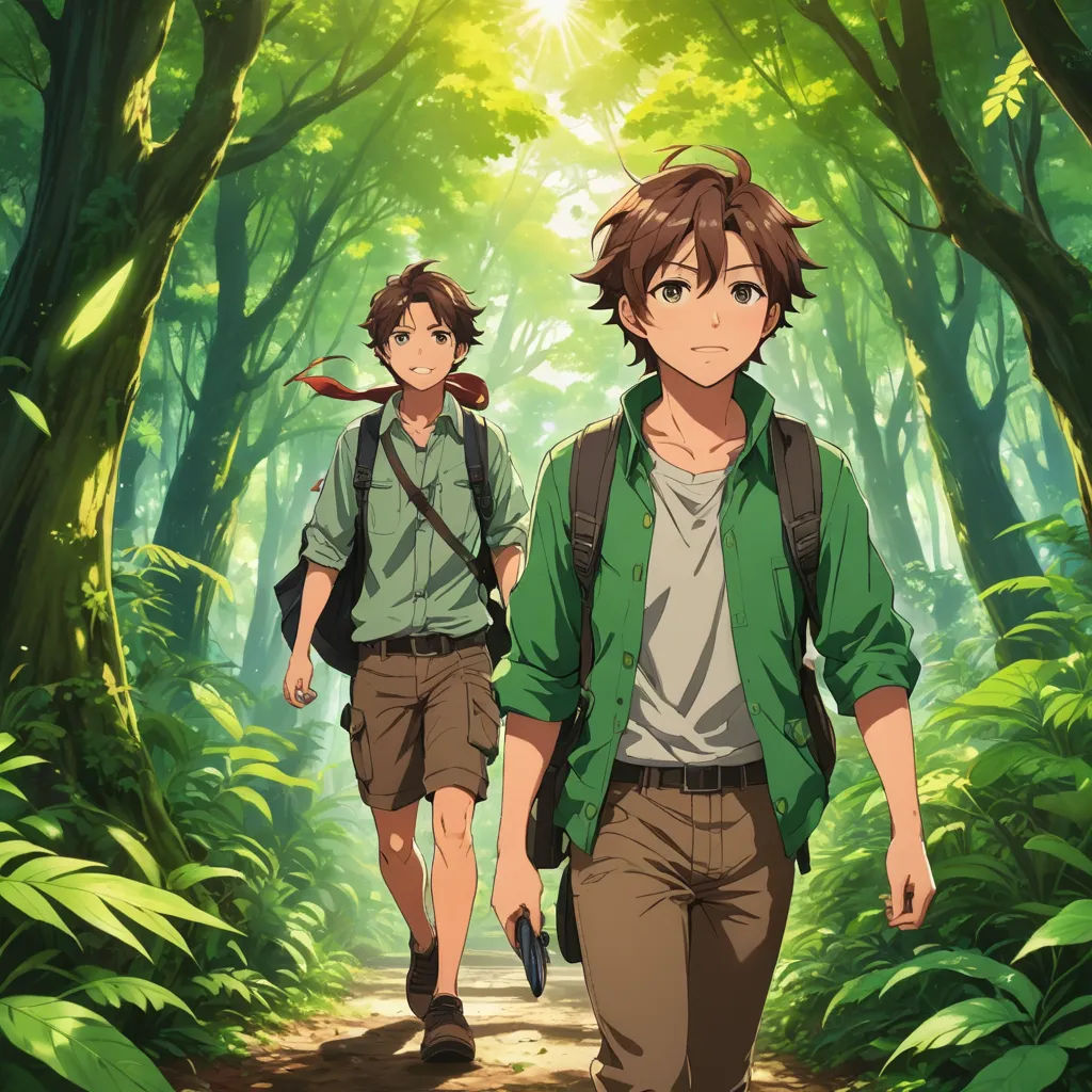two people walking through a forest with trees and bushes on either side of them, one of them carrying a backpack, rayonism, a poster, Ai-Mitsu, anime key visual