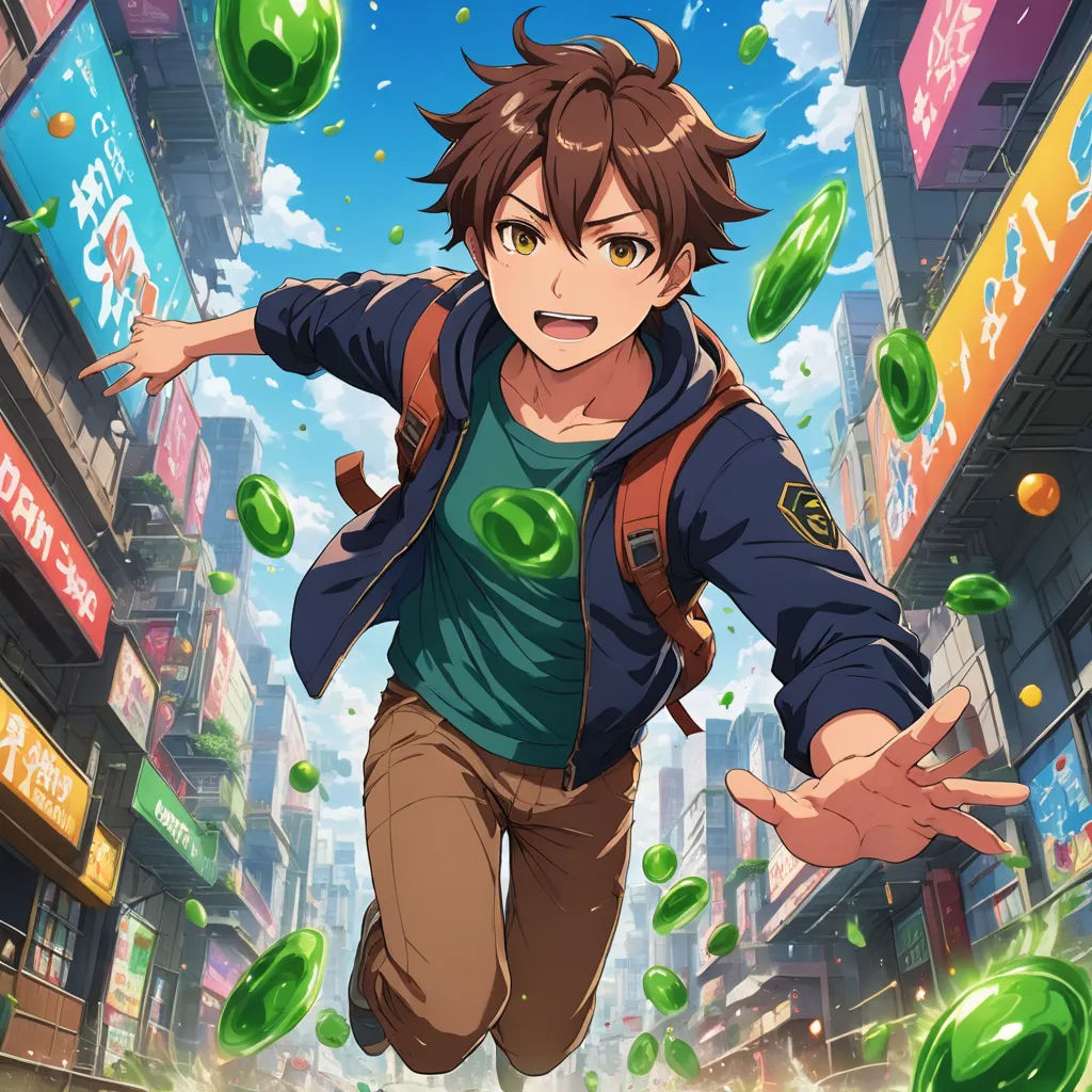 a boy in a blue jacket is running through a city street with green balls in his hands and a backpack on his back, sots art, concept art, Adam Manyoki, official art