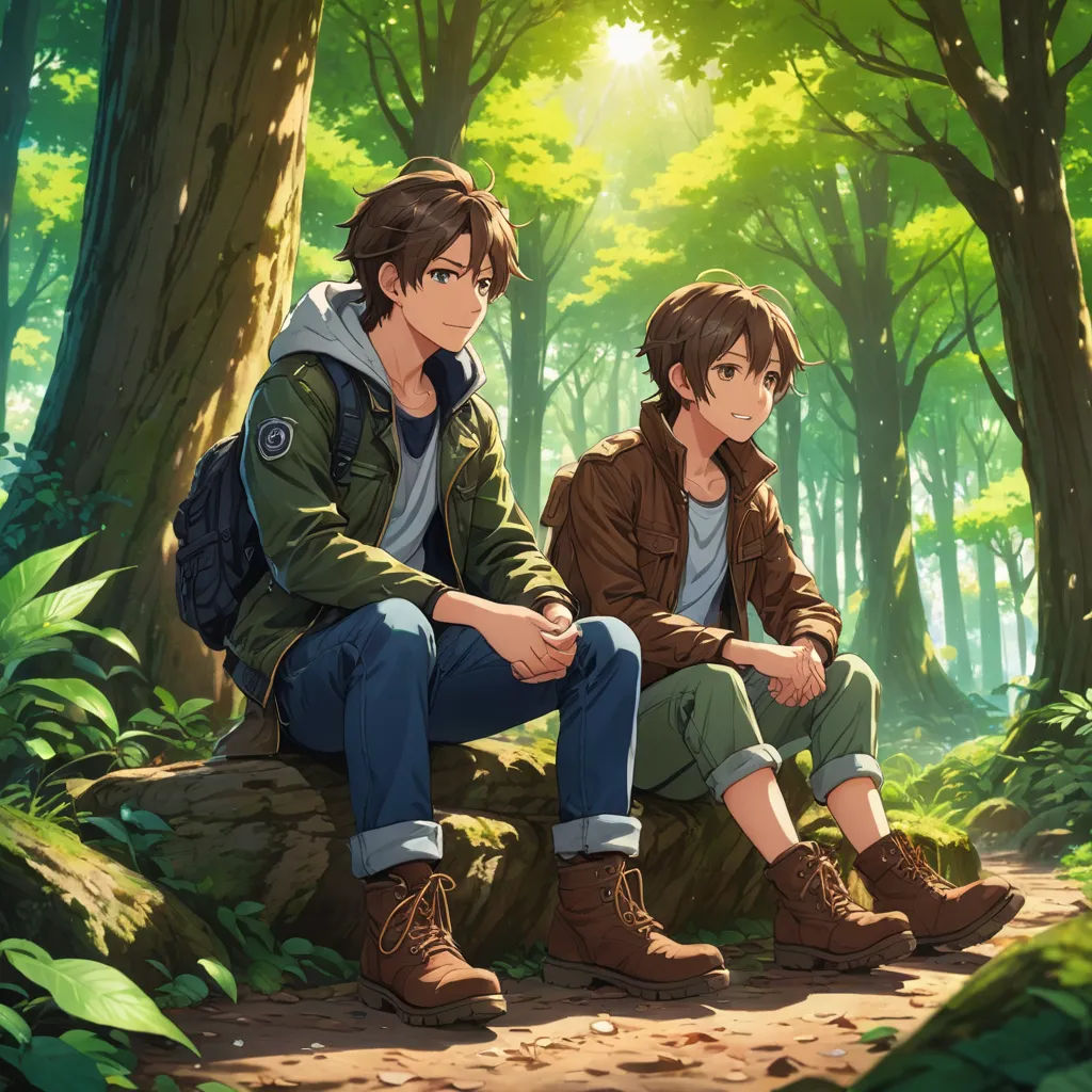 two people sitting on a tree stump in a forest with sunlight shining through the trees and leaves on the ground, sots art, concept art, Brothers Hildebrandt, official art