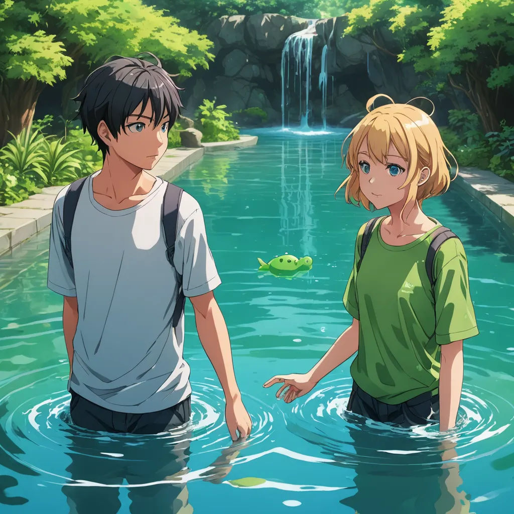 a couple of people standing in a body of water near a waterfall and a green frog in the water, sots art, a stock photo, Ai-Mitsu, official art