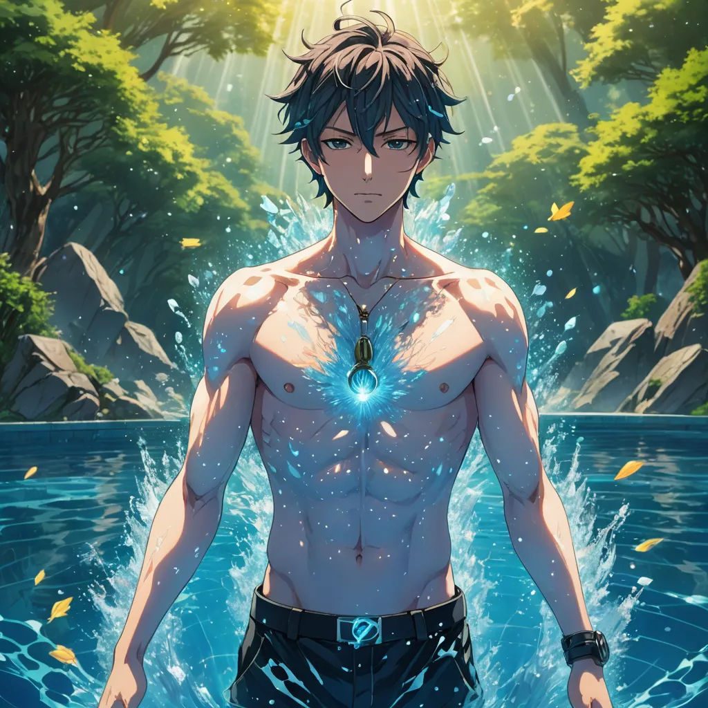 a man with a sword standing in the water with a forest in the background and a light shining on him, rayonism, a hologram, Adam Manyoki, official art