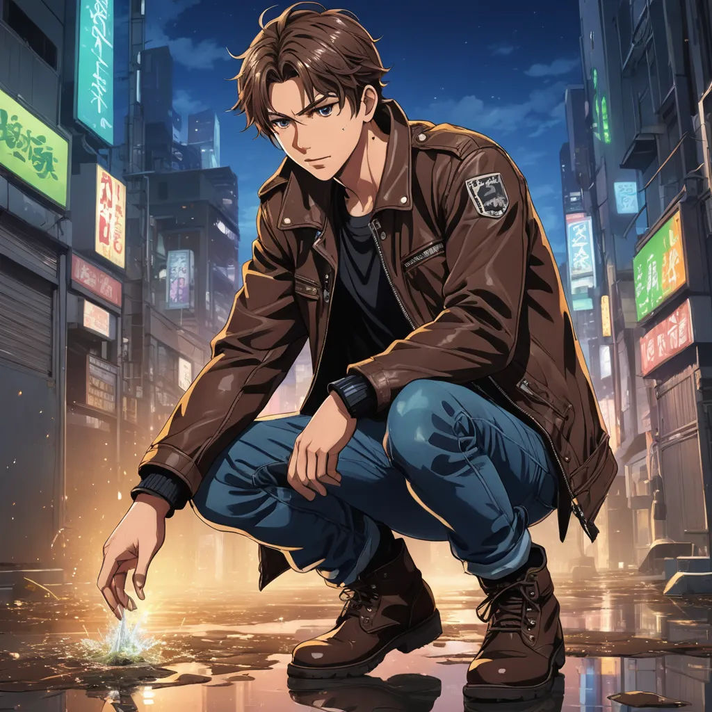a man kneeling down in the rain in a city at night with a glowing object in his hand and a cityscape in the background, sots art, concept art, Cedric Seaut (Keos Masons), official art