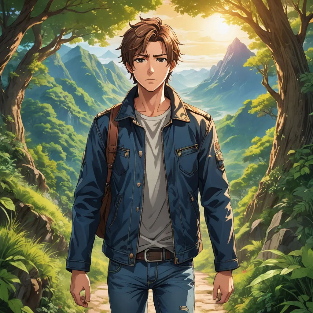 a man in a blue jacket is walking through a forest with a backpack on his shoulder and a mountain in the background, sots art, a character portrait, Cedric Seaut (Keos Masons), official art