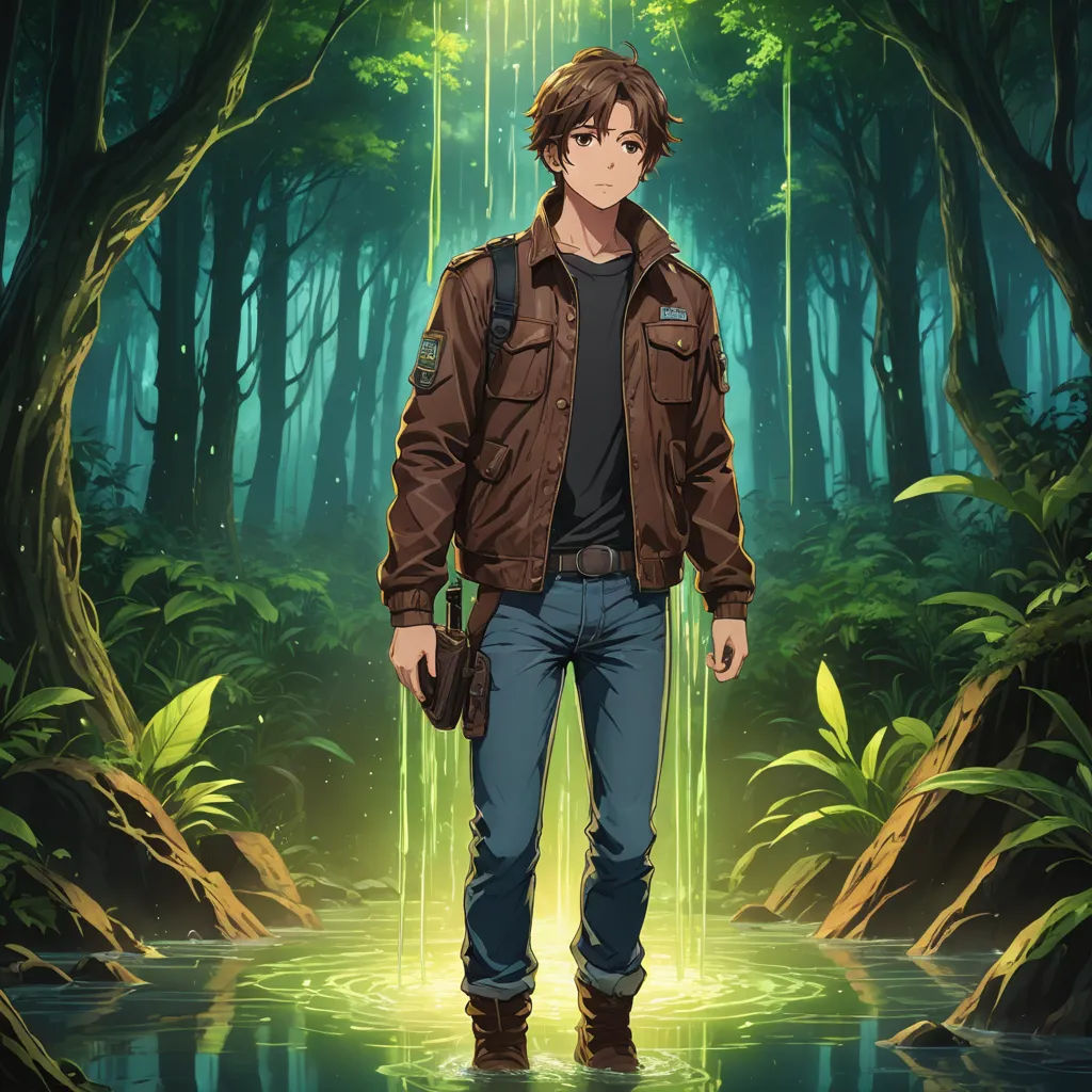 a man standing in a forest with a backpack on his shoulder and a backpack on his shoulder, with a green light coming from behind him, rayonism, concept art, Cedric Seaut (Keos Masons), official art