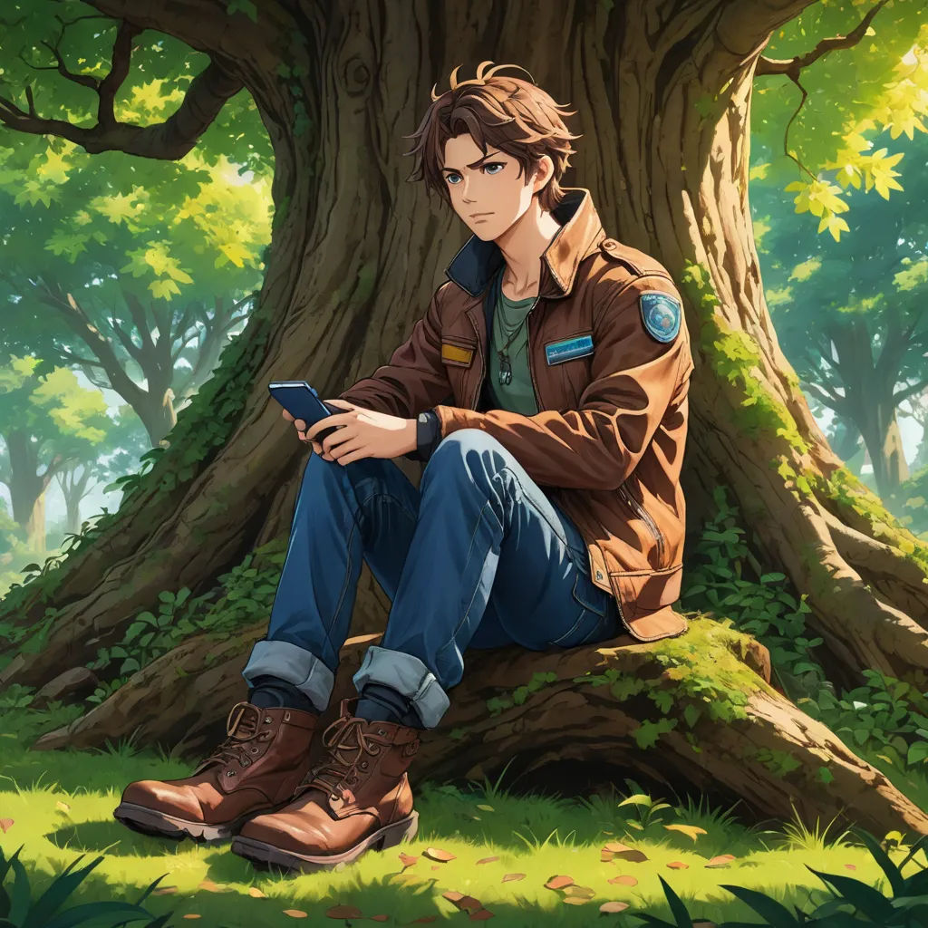 a man sitting on a tree stump in a forest with a tablet computer in his hand and a book in his lap, sots art, a character portrait, Armin Hansen, official art