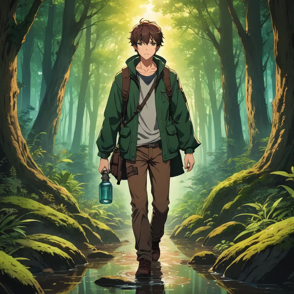 a man walking through a forest holding a lantern in his hand and a backpack on his shoulder, with a river running through it, rayonism, poster art, Cedric Seaut (Keos Masons), anime key visual