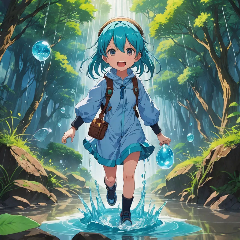 a girl with blue hair is walking through a puddle of water in a forest with a waterfall and a forest background, environmental art, a painting, Aya Goda, official art