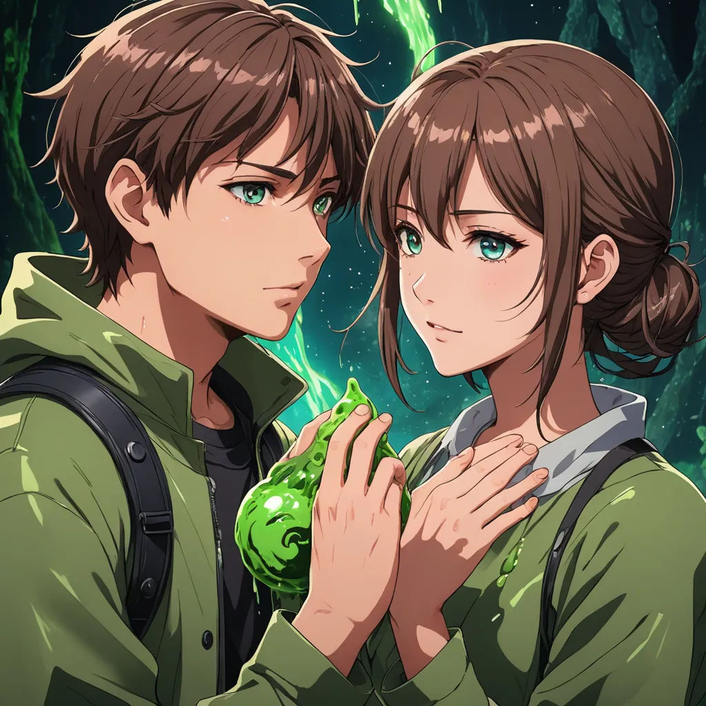 a couple of people standing next to each other in front of a forest with a green plant in their hands, sots art, a character portrait, Cedric Seaut (Keos Masons), official art