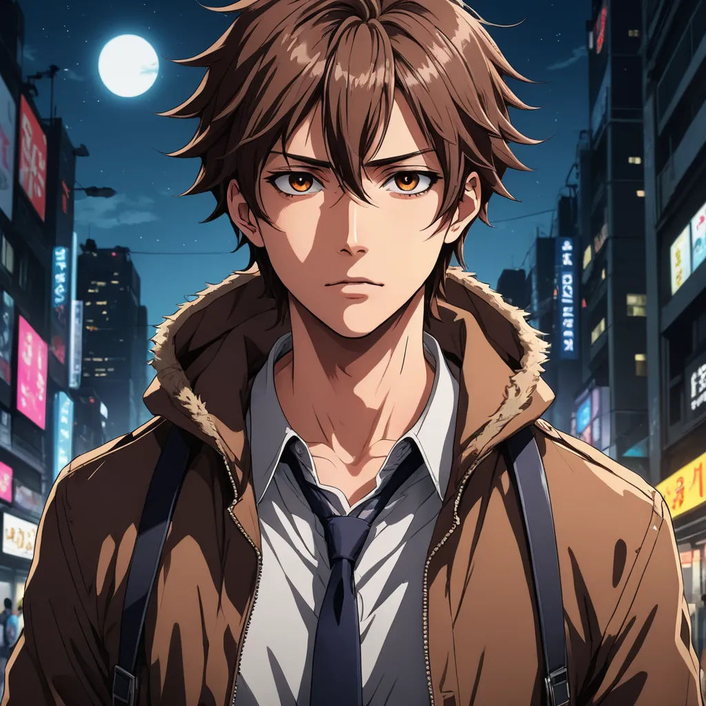 a man in a brown jacket and tie standing in a city at night with a full moon in the background, serial art, a character portrait, Aguri Uchida, anime key visual