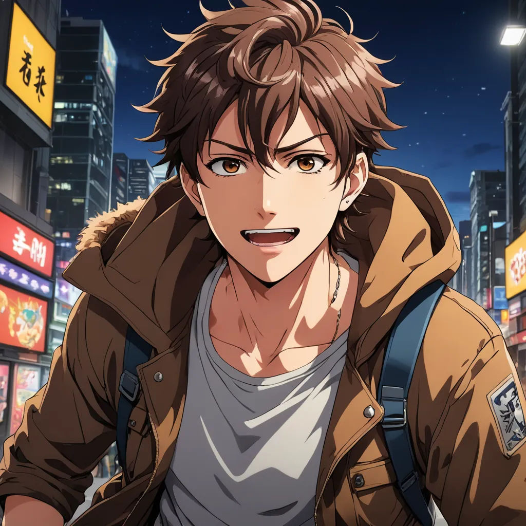 a man in a city at night with a backpack on his shoulder and a cityscape in the background, serial art, a character portrait, Ai-Mitsu, official art