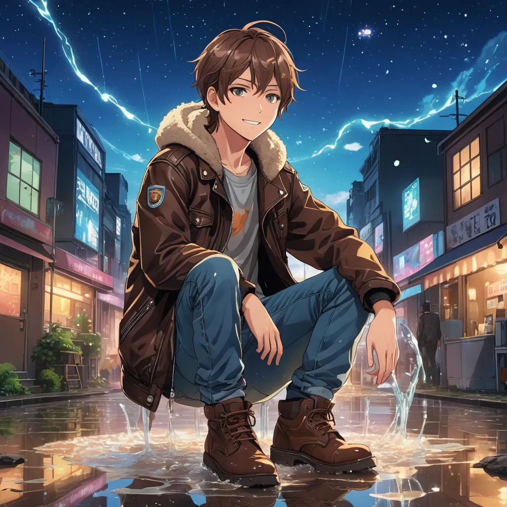 a man sitting on a puddle in a city at night with a sky background and buildings and a lightning, sots art, an album cover, Ai-Mitsu, official art