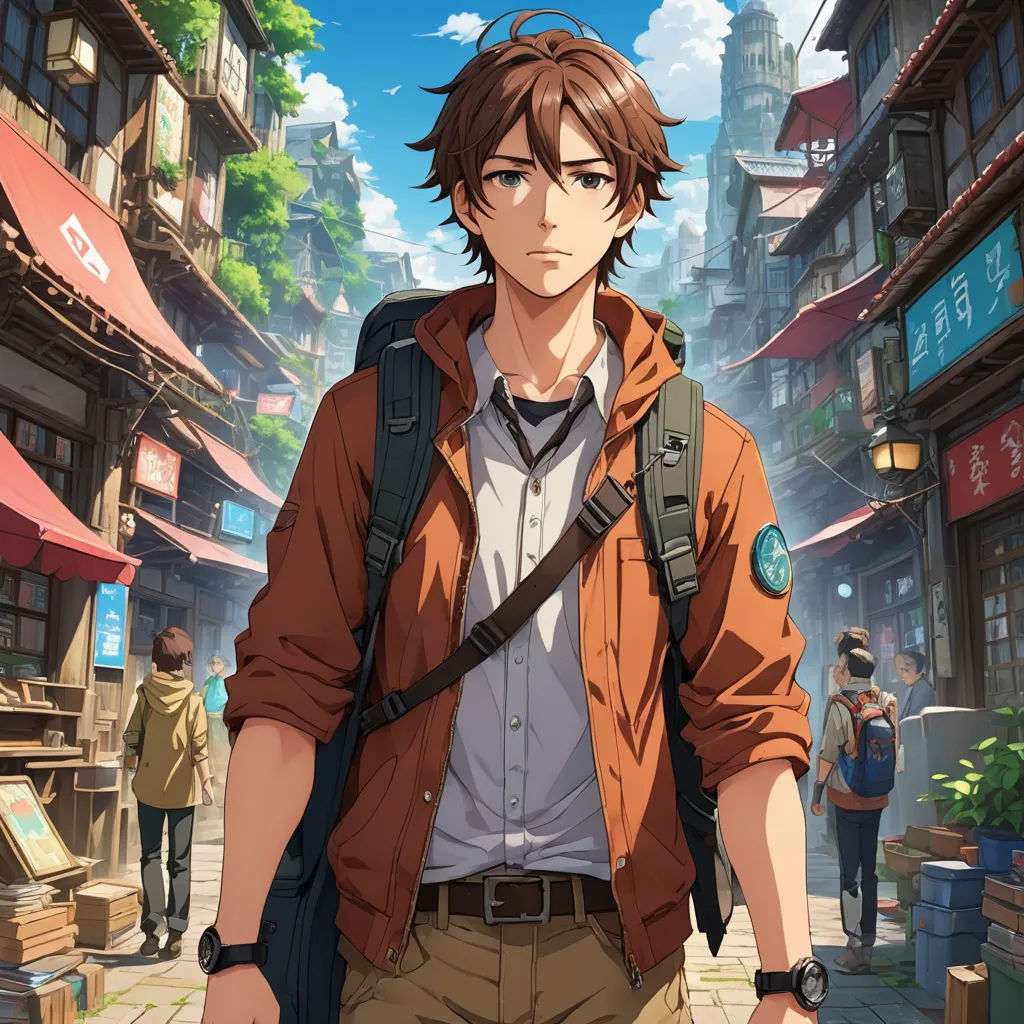 a man with a backpack walking down a street in front of a building with a clock on it's side, photorealism, a character portrait, Cedric Seaut (Keos Masons), anime key visual