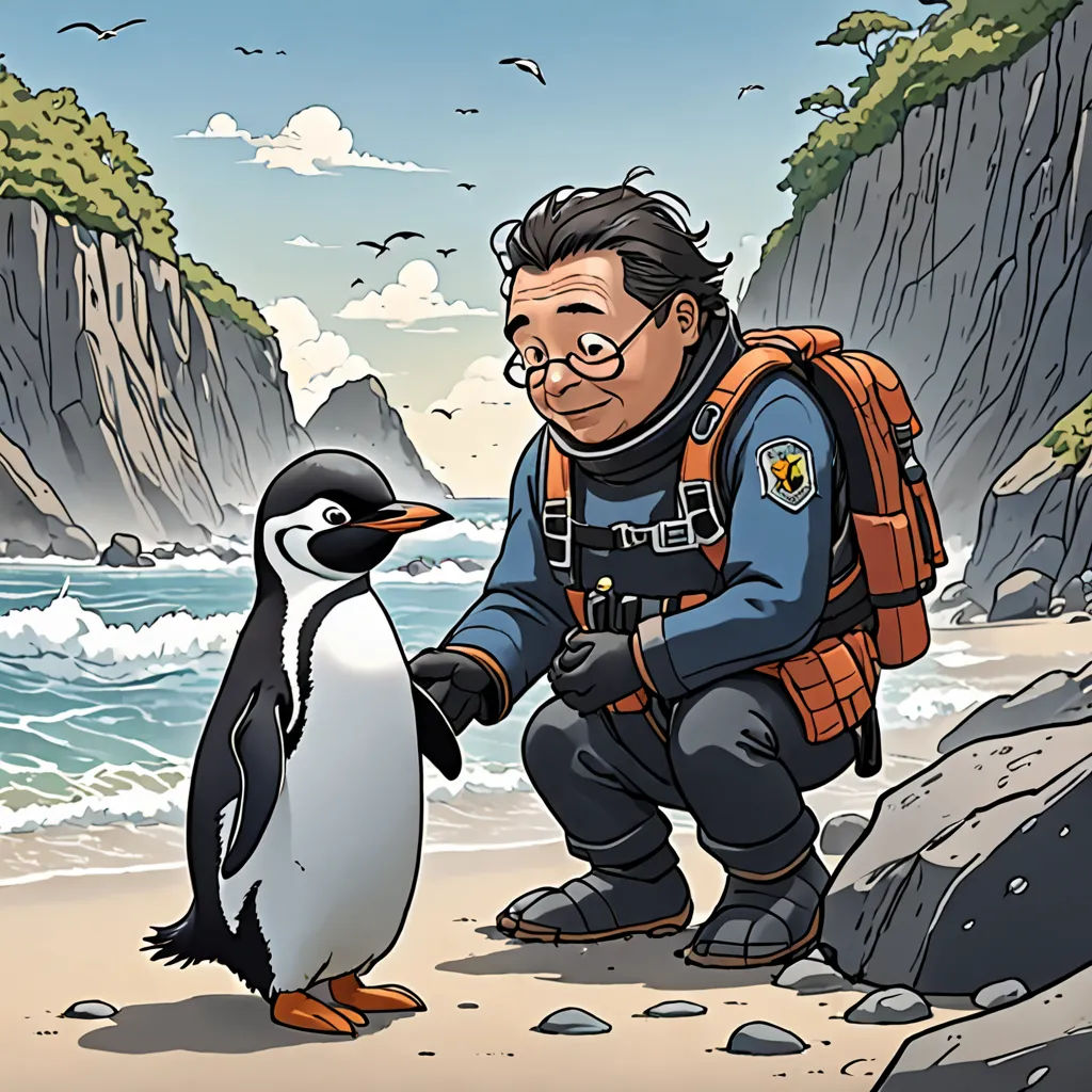 a man in a diving suit is petting a penguin on the beach with a rock formation in the background, naturalism, a storybook illustration, Cliff Childs, yukito kishiro