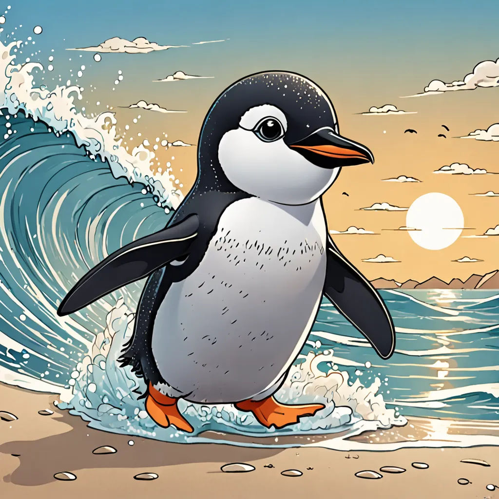 a penguin is walking on the beach near the waves and the sun is setting in the background, and the water is blue, computer art, a comic book panel, Cliff Childs, extreme illustration
