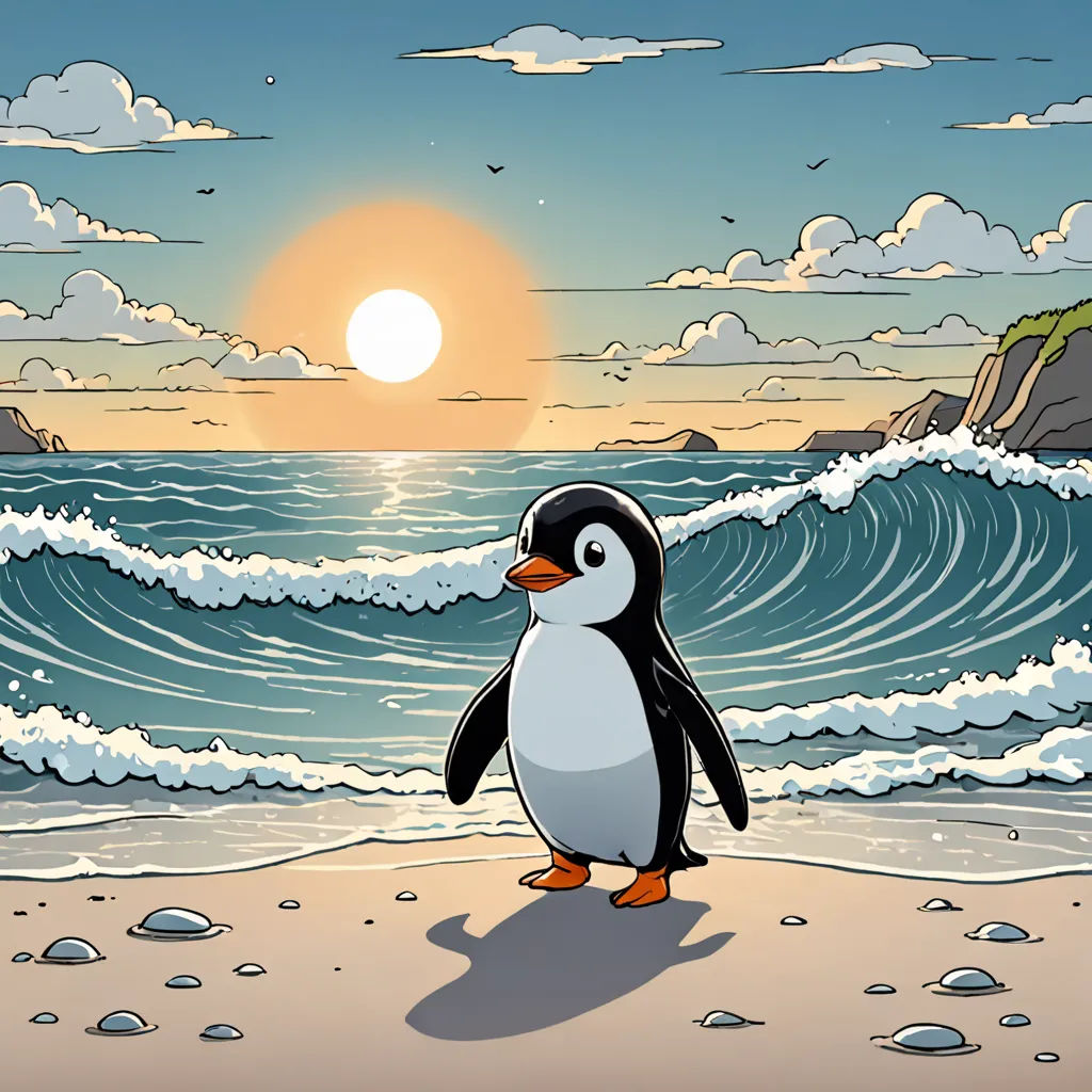a penguin standing on a beach with a sunset in the background and waves crashing in the foreground,, computer art, a storybook illustration, Cliff Childs, sunset
