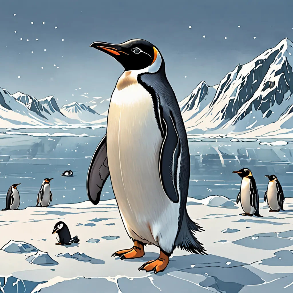 a penguin standing on a snowy surface with penguins nearby in the snow and mountains in the background, with a blue sky and white snow, digital art, an illustration of, Cliff Childs, official art