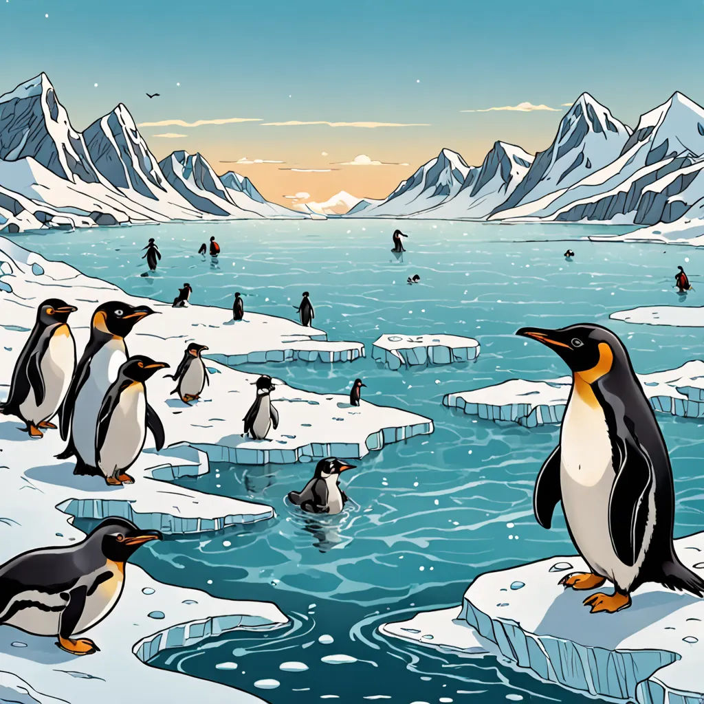 a group of penguins standing on ice floes near a body of water with penguins swimming in the water, environmental art, a storybook illustration, Asaf Hanuka, laurie greasley