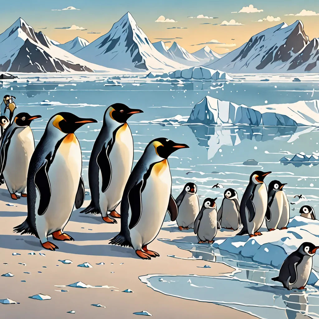 a group of penguins standing on a beach next to a group of icebergs in the water and mountains, environmental art, a storybook illustration, Cliff Childs, detailed illustration