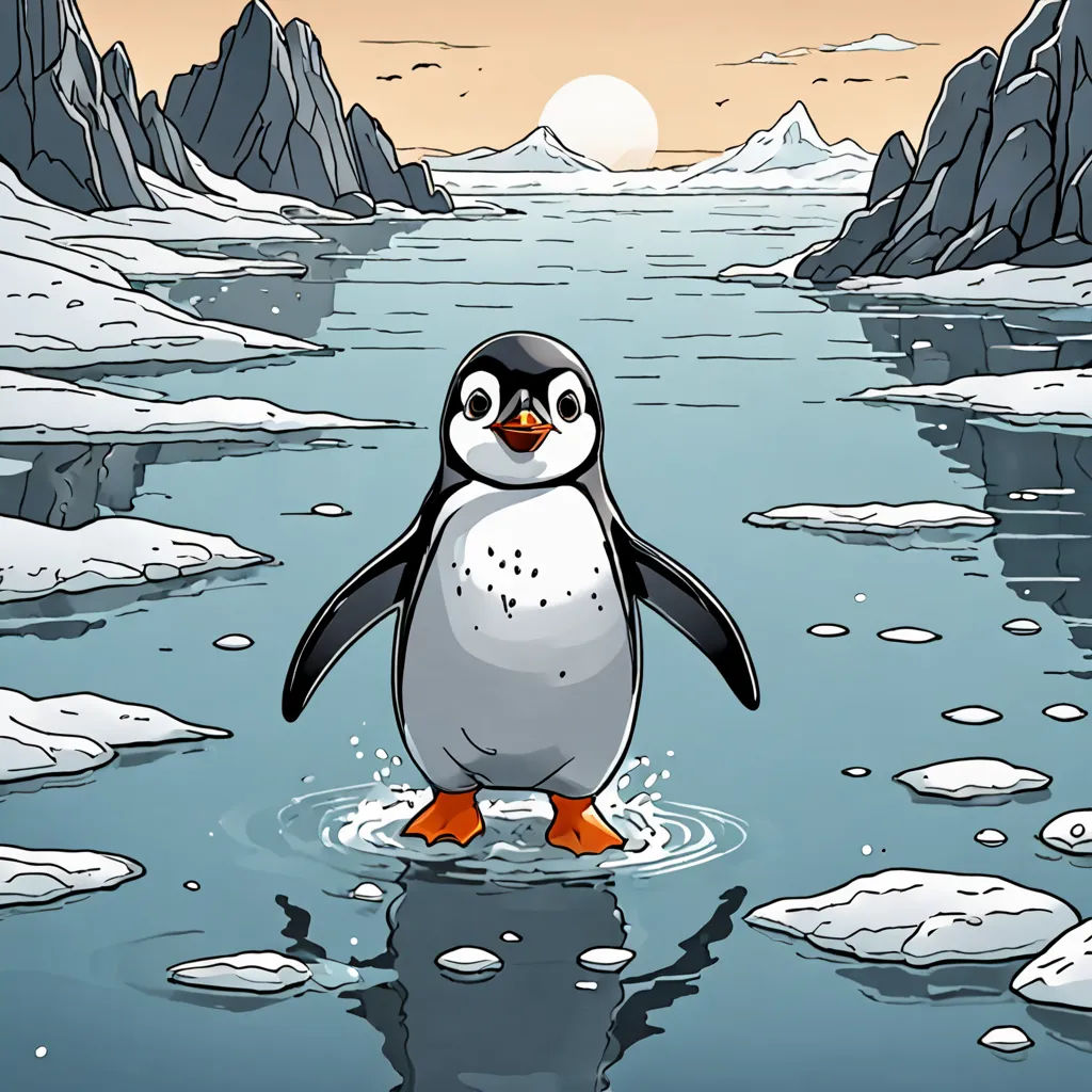 a penguin is standing in the water near some icebergs and mountains, with a sun in the background, environmental art, a storybook illustration, Diego Gisbert Llorens, laurie greasley