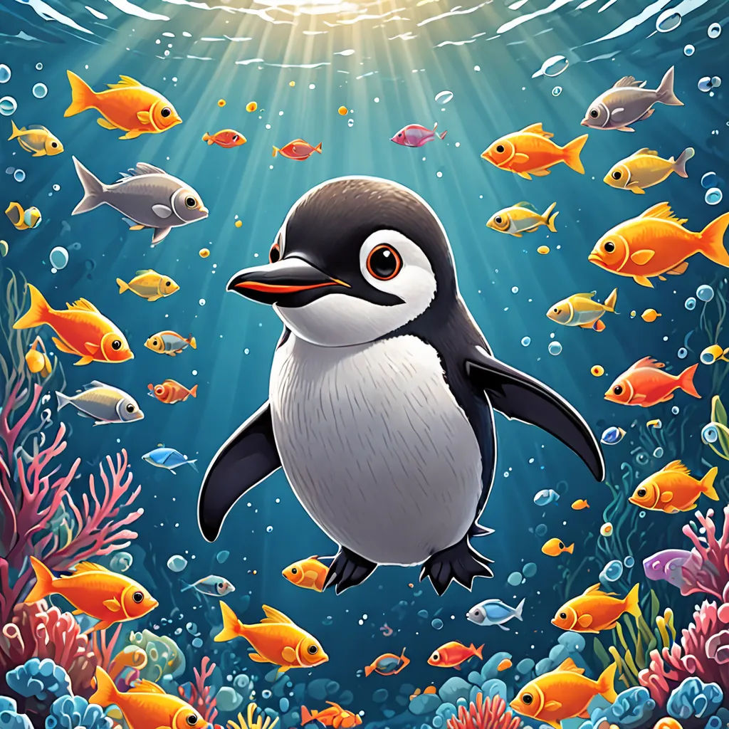 a penguin swimming in the ocean surrounded by fish and corals with a sunbeam above it and a starfish above, pop surrealism, a storybook illustration, Cliff Childs, highly detailed digital painting