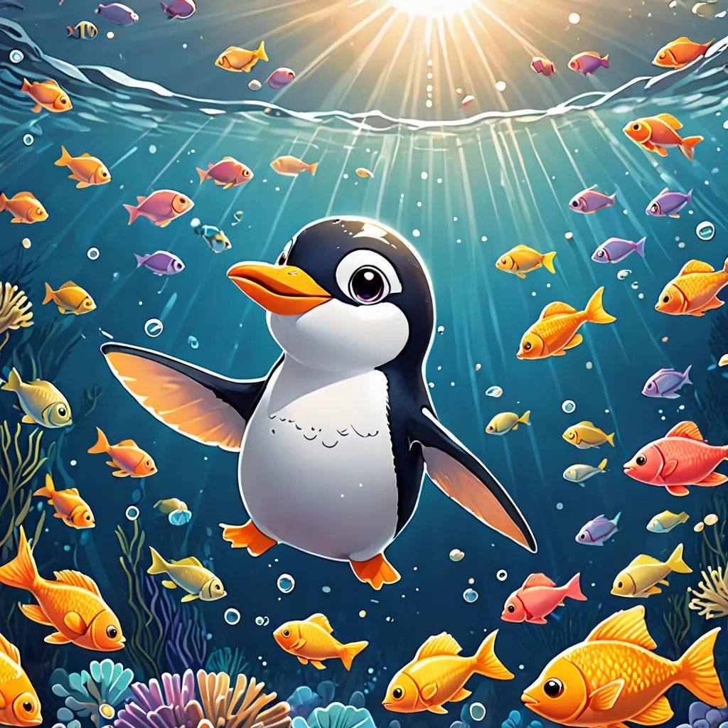 a penguin swimming in the ocean surrounded by fish and corals with a sun shining above it and a starburst above, pop surrealism, a storybook illustration, Cliff Childs, lostfish