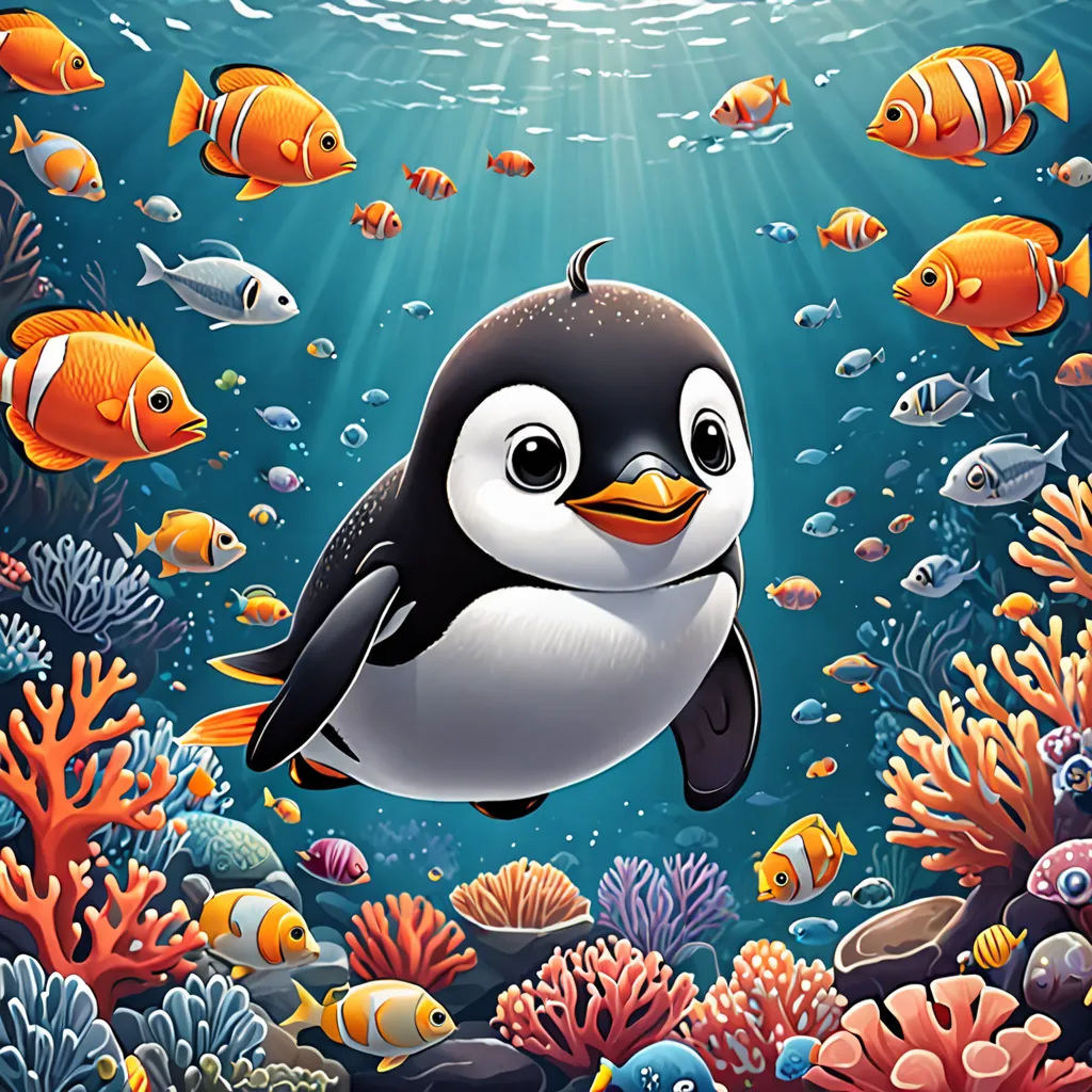 a penguin swimming in the ocean surrounded by fish and corals with sunlight shining through the water's surface, pop surrealism, a storybook illustration, Cliff Childs, highly detailed digital painting