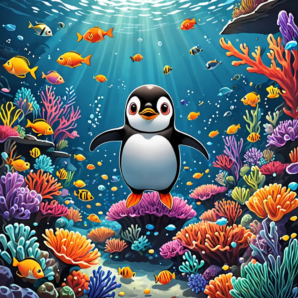 a penguin is swimming in the ocean surrounded by corals and fish, with a bright sun above it, computer art, a storybook illustration, Cliff Childs, league of legends splash art
