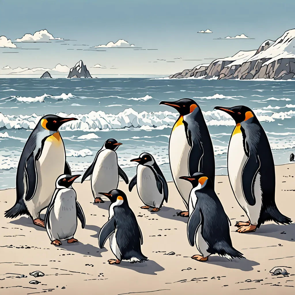 a group of penguins walking on the beach together, with a mountain in the background and a body of water in the foreground, figurativism, an illustration of, Colin Middleton, official art