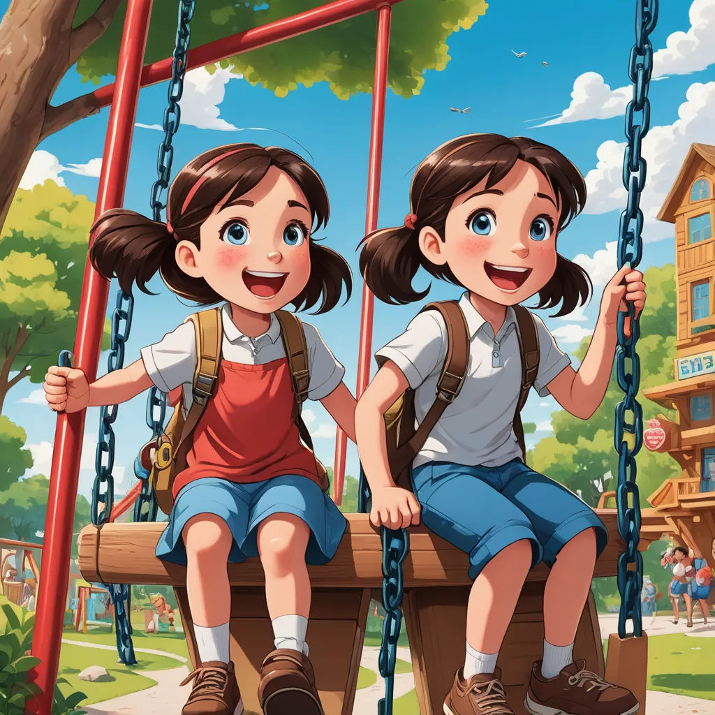 two children sitting on a swing in a park with a building in the background and a playground with swings, lyco art, a storybook illustration, Ada Gladys Killins, trending on art station