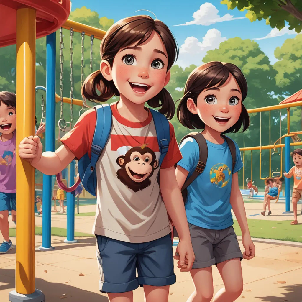 a couple of kids standing next to each other near a playground with a monkey on the back of the backpack, paris school, a storybook illustration, Diego Gisbert Llorens, rossdraws global illumination