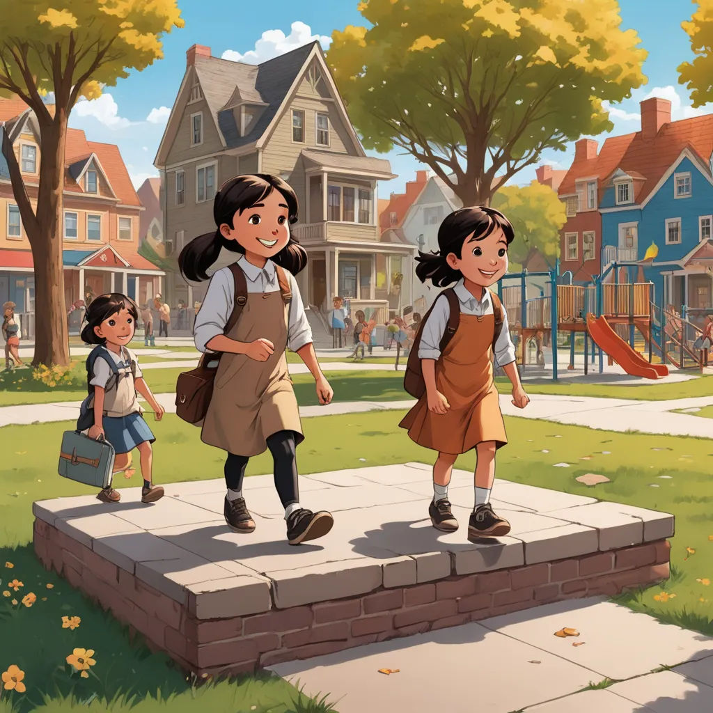 a group of children walking across a park in front of a house and a playground with a playground slide, american scene painting, a storybook illustration, Aaron Jasinski, official art