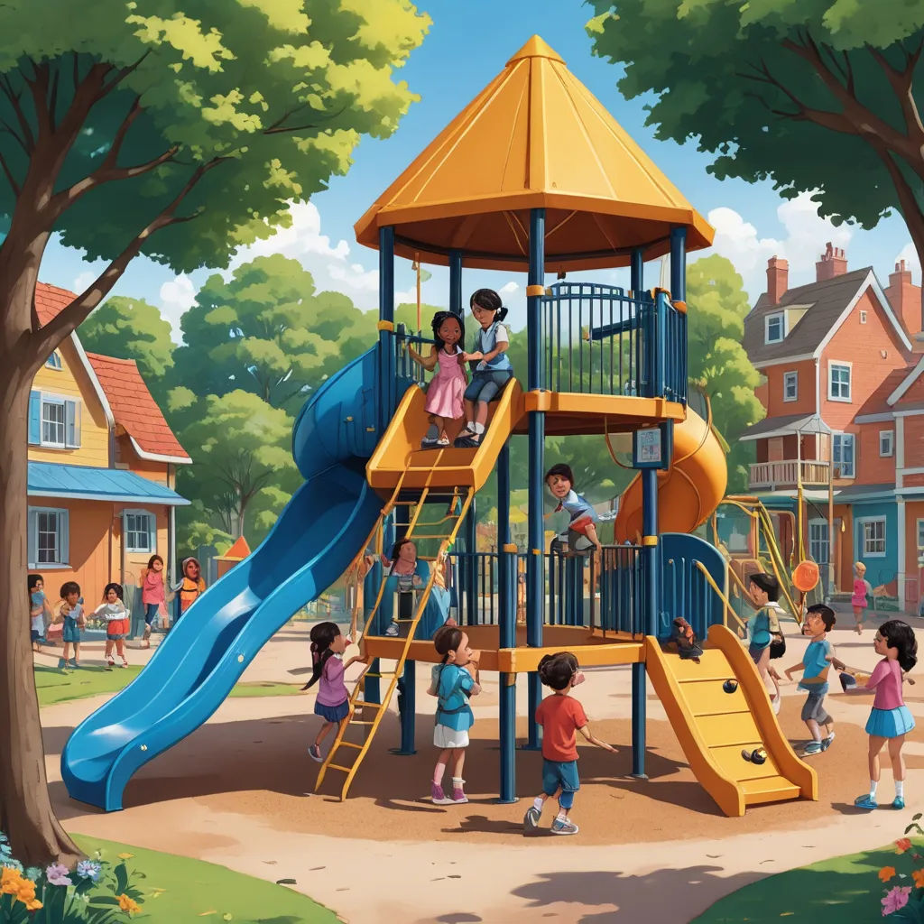 a painting of children playing on a playground with a blue slide and yellow tower in the background and a group of trees, american scene painting, a digital rendering, Chris LaBrooy, highly detailed digital painting