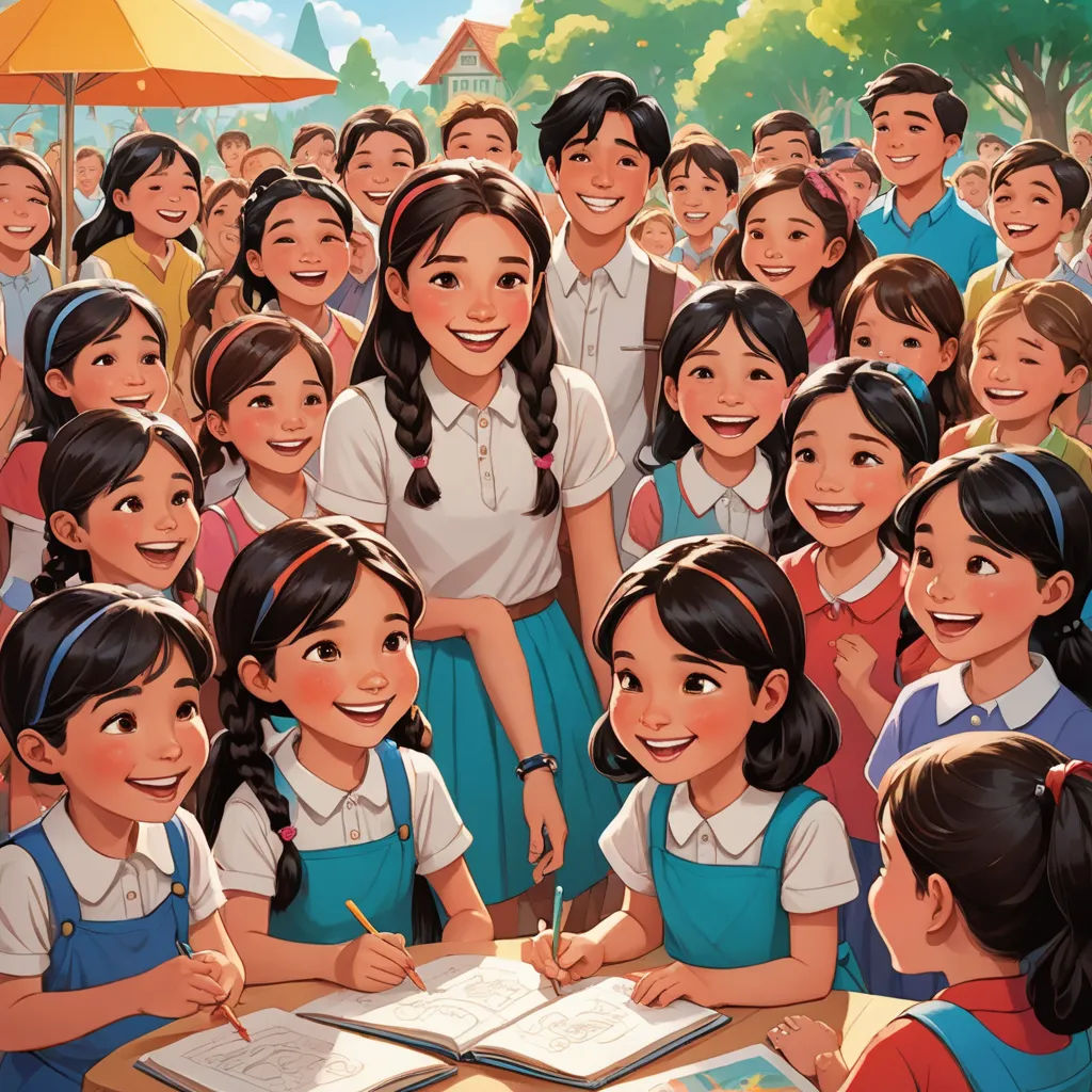 a painting of a girl surrounded by a group of children and a teacher in front of a large group of children, socialist realism, a storybook illustration, Fan Qi, official art