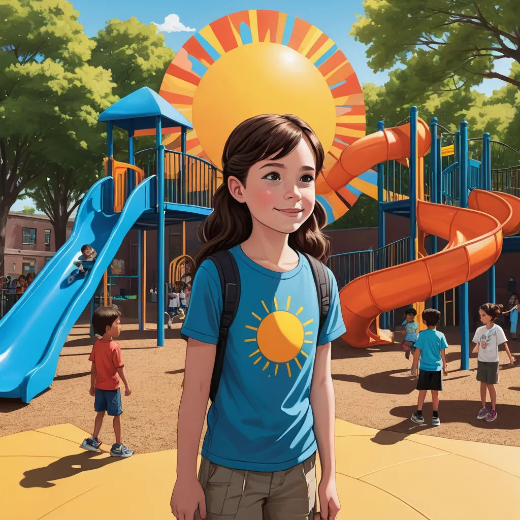 a girl standing in front of a playground with a sun on her head and a blue tee shirt on, american scene painting, a storybook illustration, Bob Byerley, promotional image
