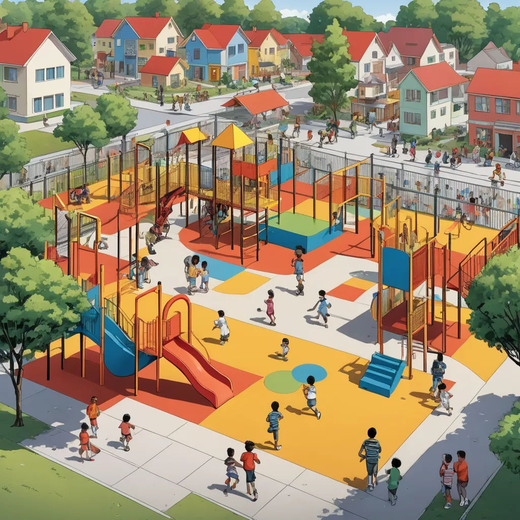 a playground with children playing and walking around it in a city park with houses and trees in the background, american scene painting, a digital rendering, David Park, official art