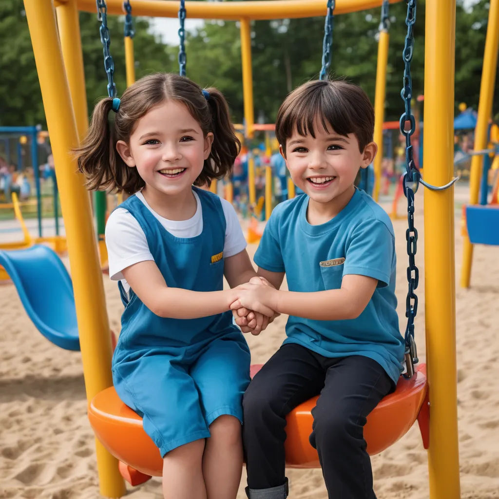two children sitting on a swing at a playground together smiling at the camera, with a playground in the background, danube school, a stock photo, Christian Hilfgott Brand, promotional image