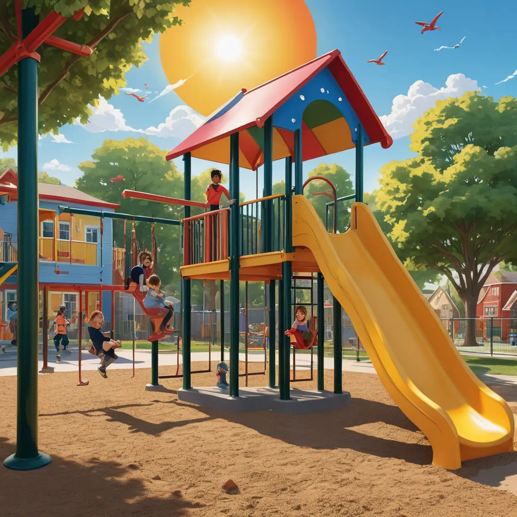 a playground with a yellow slide and a yellow slide in the middle of it and a blue and yellow play structure, american scene painting, an ultrafine detailed painting, Chris LaBrooy, highly detailed digital painting